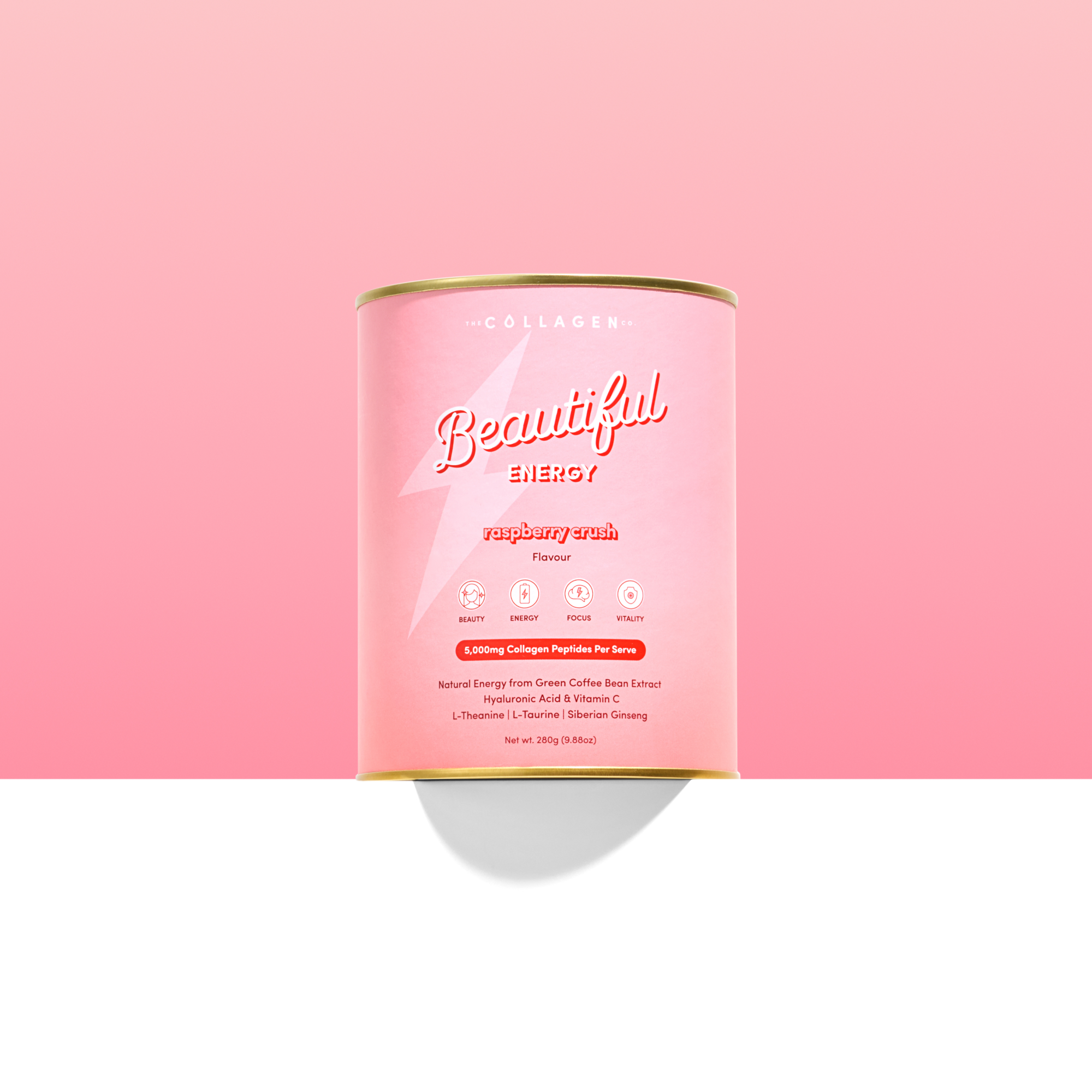 Pink container labeled 'Beautiful Energy' on a pink background