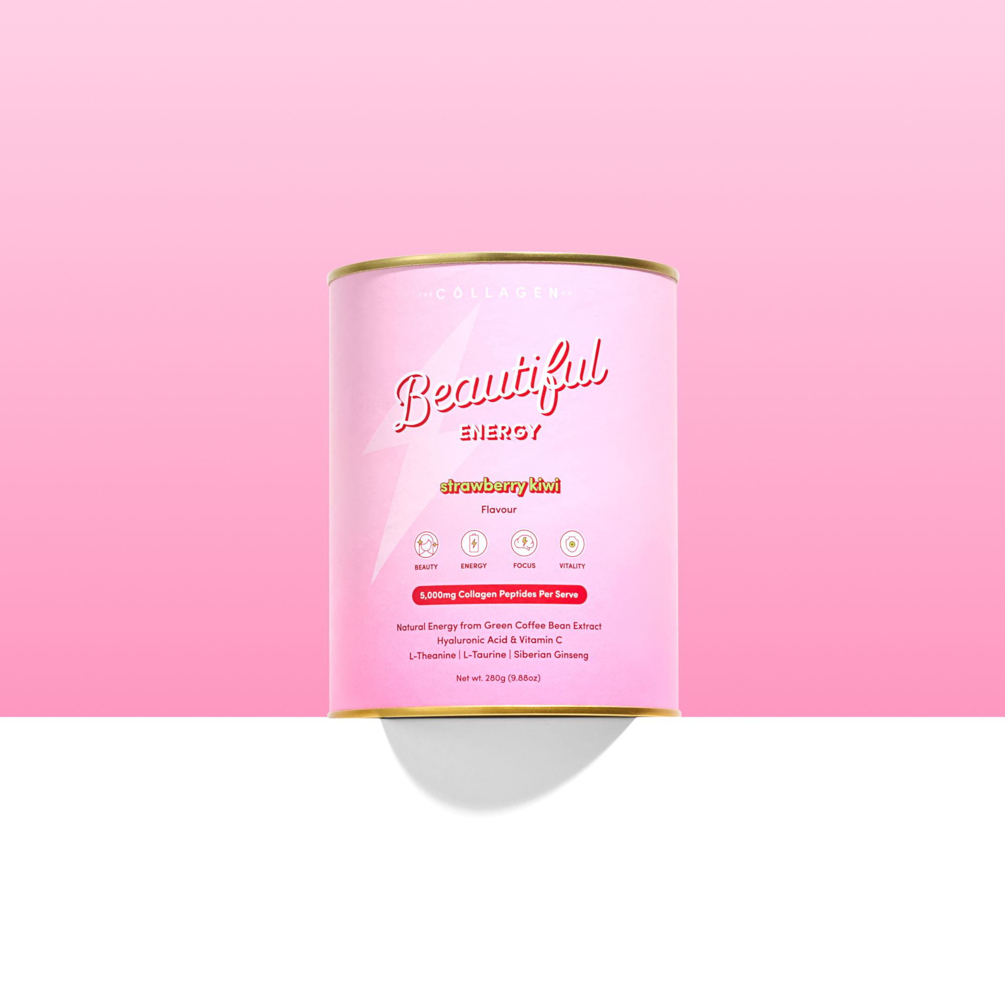 Pink energy drink canister labeled 'Beautiful Energy' on a pink background