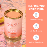 A peach-colored can of The Collagen Co USA’s Peach Iced Tea Beautiful Energy (280g) rests on a pink surface with peach slices. Highlights: natural caffeine, collagen peptides for skin, Zero Crash Energy, All Day Stamina, and Calm Focus—each iconized.