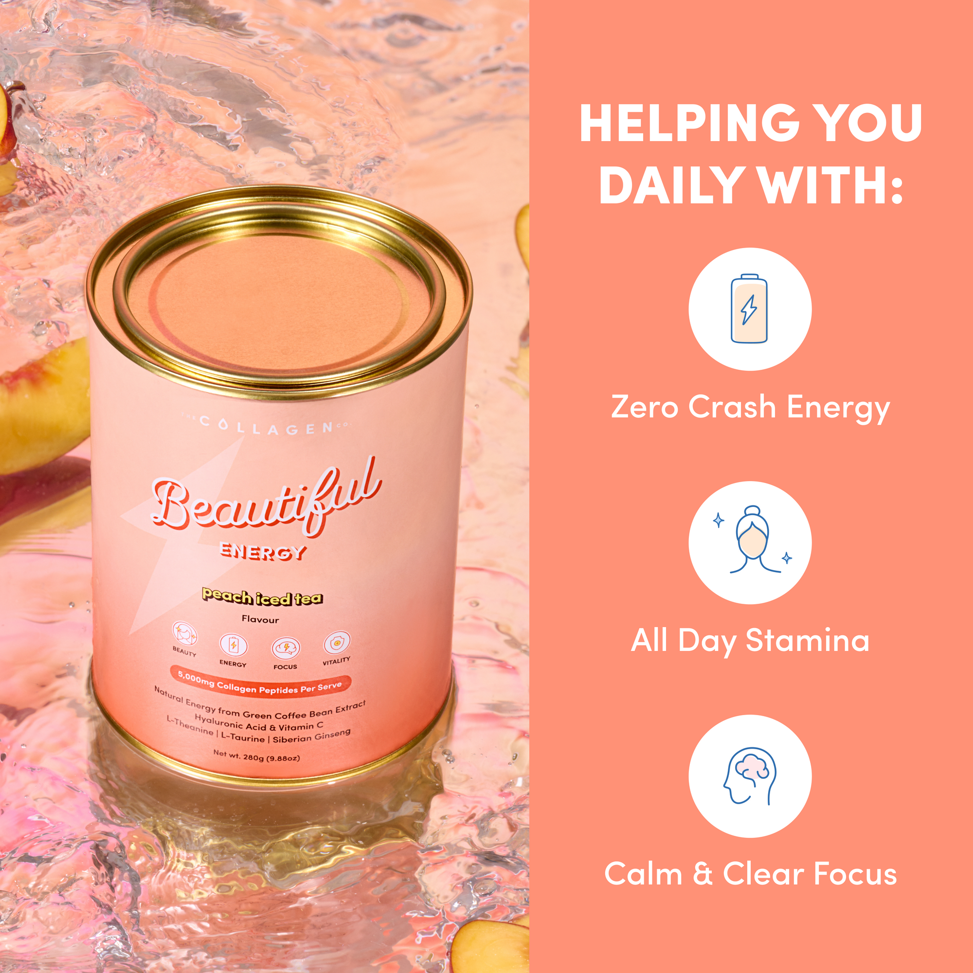 A peach-colored can of The Collagen Co USA’s Peach Iced Tea Beautiful Energy (280g) rests on a pink surface with peach slices. Highlights: natural caffeine, collagen peptides for skin, Zero Crash Energy, All Day Stamina, and Calm Focus—each iconized.