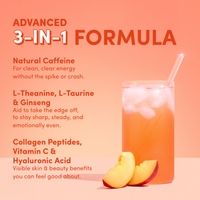 A glass of Peach Iced Tea Beautiful Energy by The Collagen Co USA sits with peach slices on a pink surface. Text highlights its 3-in-1 Formula: natural caffeine, amino acids, and collagen peptides for skin elasticity.