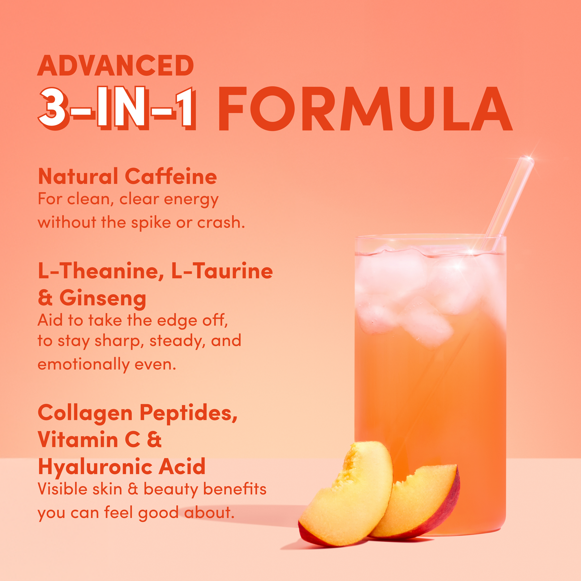 A glass of Peach Iced Tea Beautiful Energy by The Collagen Co USA sits with peach slices on a pink surface. Text highlights its 3-in-1 Formula: natural caffeine, amino acids, and collagen peptides for skin elasticity.