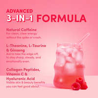 A glass of pink Raspberry Crush Beautiful Energy by The Collagen Co USA with raspberries on a pink background. Features an advanced 3-in-1 formula for clean energy, focus, and clarity with natural caffeine, collagen peptides & more.