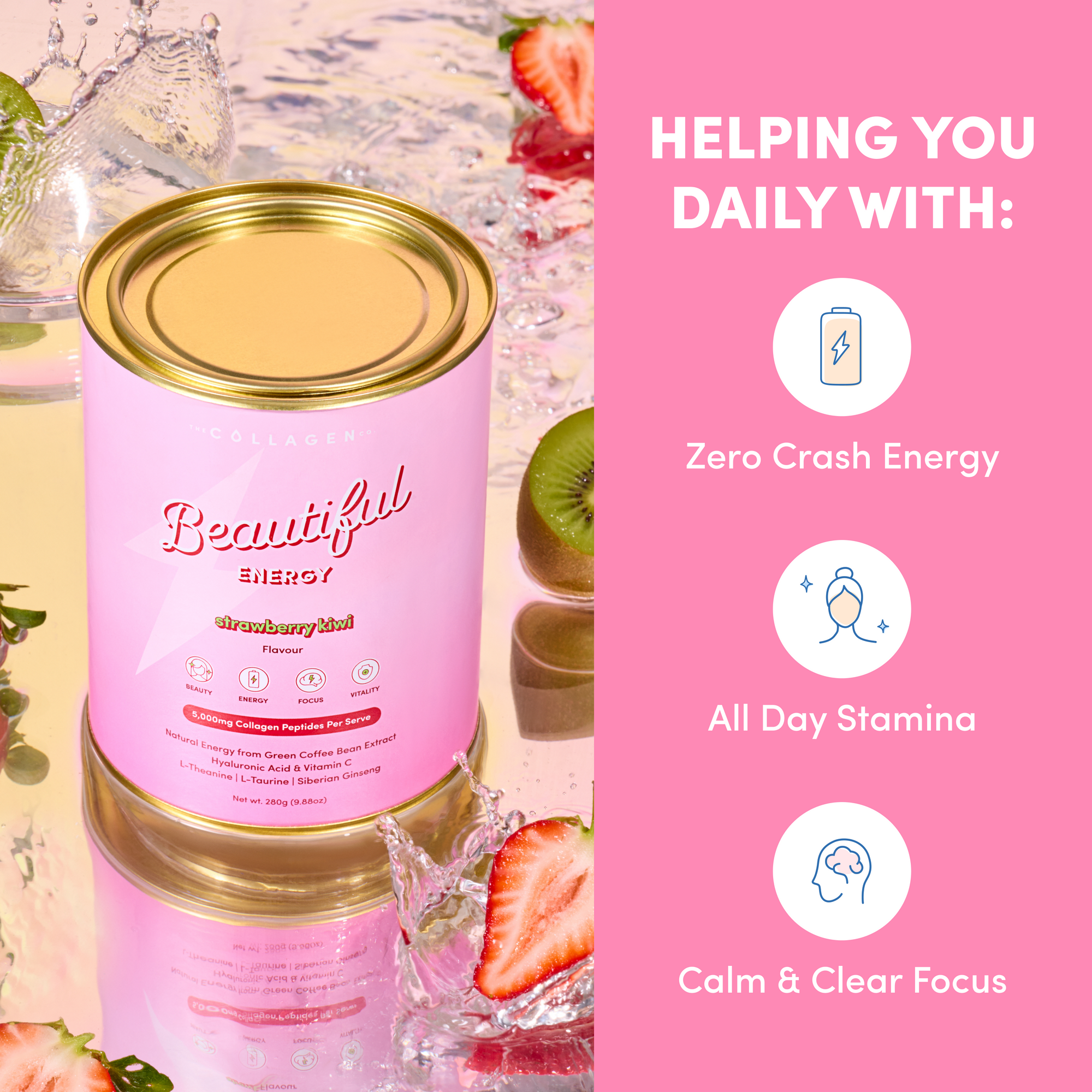 A can of The Collagen Co USA Strawberry Kiwi Beautiful Energy - 280g rests on a pink surface with strawberries, kiwi, and ice. Text highlights its benefits: no crash energy, all-day stamina, clear focus, and skin health support.