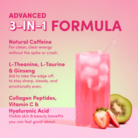 A glass of The Collagen Co USA's Strawberry Kiwi Beautiful Energy (280g) with ice sits beside kiwi and strawberries. Benefits listed: natural caffeine, collagen peptides for skin, vitamin C, gut comfort, and hyaluronic acid.