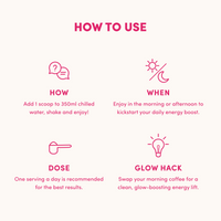 Infographic titled "How to Use" shows: add 1 scoop of The Collagen Co USA Strawberry Kiwi Beautiful Energy (280g) to 350ml chilled water, enjoy in the morning or afternoon, one serving daily—a coffee swap for an energy-boosting glow. Pink icons/text on white.