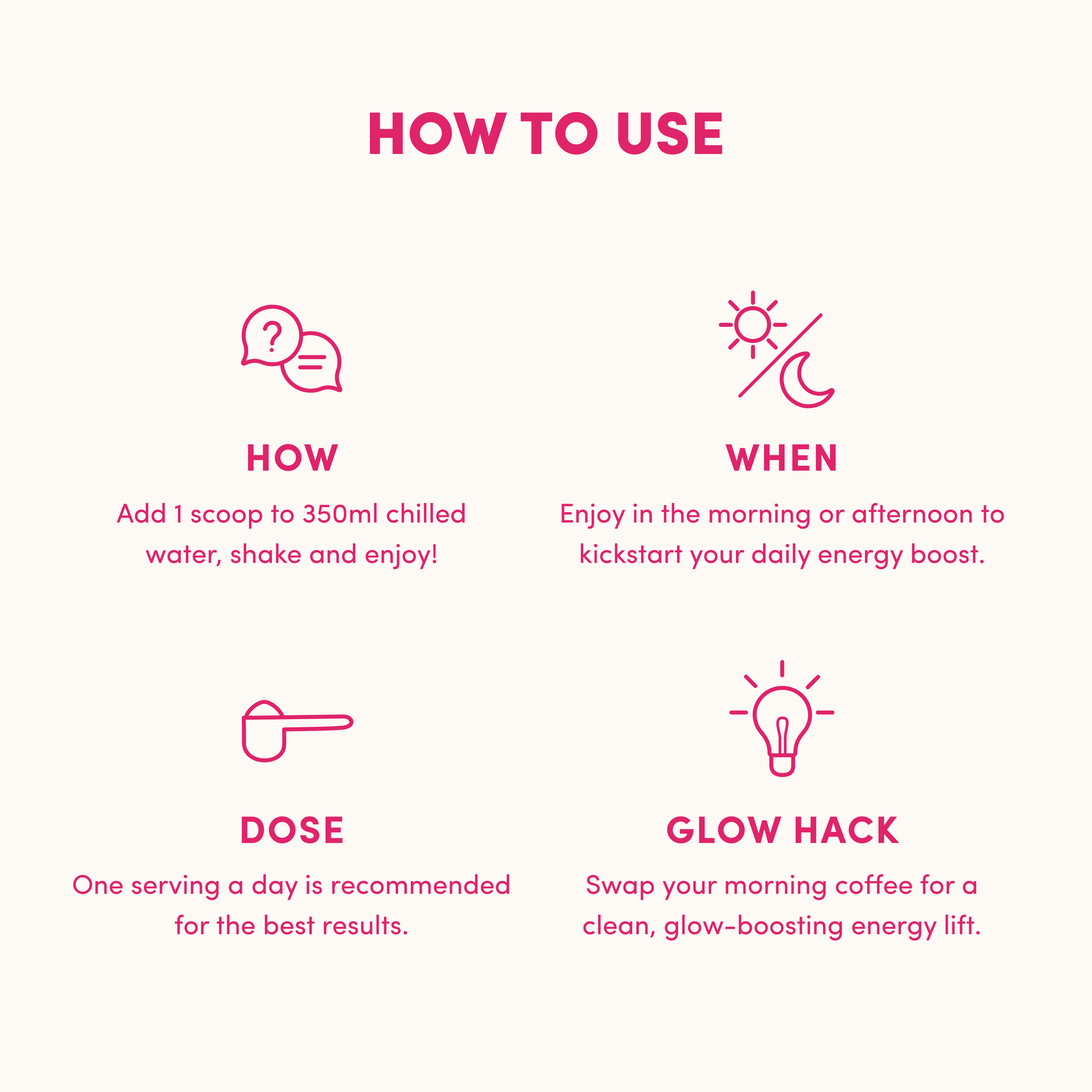 Infographic titled "How to Use" shows: add 1 scoop of The Collagen Co USA Strawberry Kiwi Beautiful Energy (280g) to 350ml chilled water, enjoy in the morning or afternoon, one serving daily—a coffee swap for an energy-boosting glow. Pink icons/text on white.