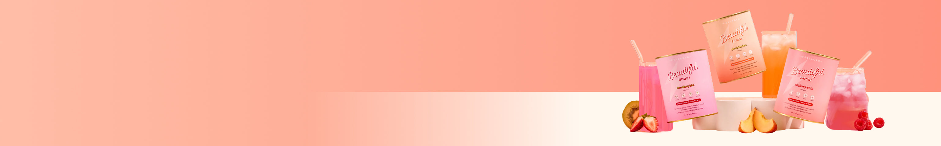 Packets of flavorful drink mix in pink and peach colors stand with two iced drinks, surrounded by apple, pear, and raspberry fruits, against a pink gradient background.