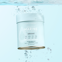 A 284g container of The Collagen Co. Unflavored Beauty Marine Collagen Powder appears underwater with bubbles. The label promotes benefits for hair, skin, nails, and beauty with premium hydrolyzed marine collagen.