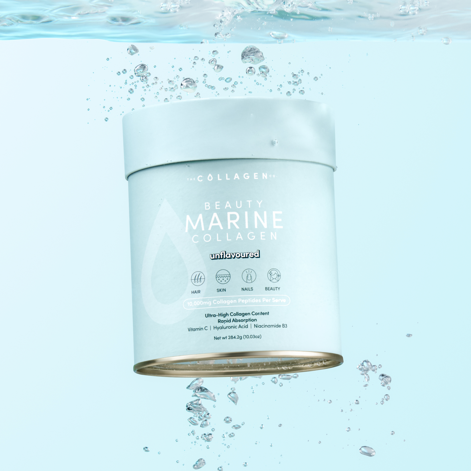 A 284g container of The Collagen Co. Unflavored Beauty Marine Collagen Powder appears underwater with bubbles. The label promotes benefits for hair, skin, nails, and beauty with premium hydrolyzed marine collagen.