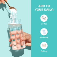 A hand pours The Collagen Co. Unflavored Beauty Marine Collagen Powder - 284g into a glass of water. Next to it, “ADD TO YOUR DAILY:” appears with icons for coffee, smoothie, and baking on a teal background.