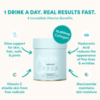 The Collagen Co. Unflavored Beauty Marine Collagen Powder (284g) is shown with text highlighting four benefits: glowing skin, hyaluronic acid for fewer wrinkles, vitamin C for protection, and niacinamide for skin health.