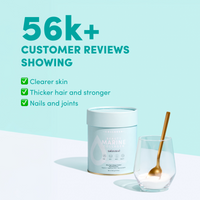 A container of The Collagen Co. Unflavored Beauty Marine Collagen Powder (284g) sits next to a glass with a golden spoon. Text: “56k+ reviews show clearer skin, thicker hair, and stronger nails & joints,” with green checkmarks.