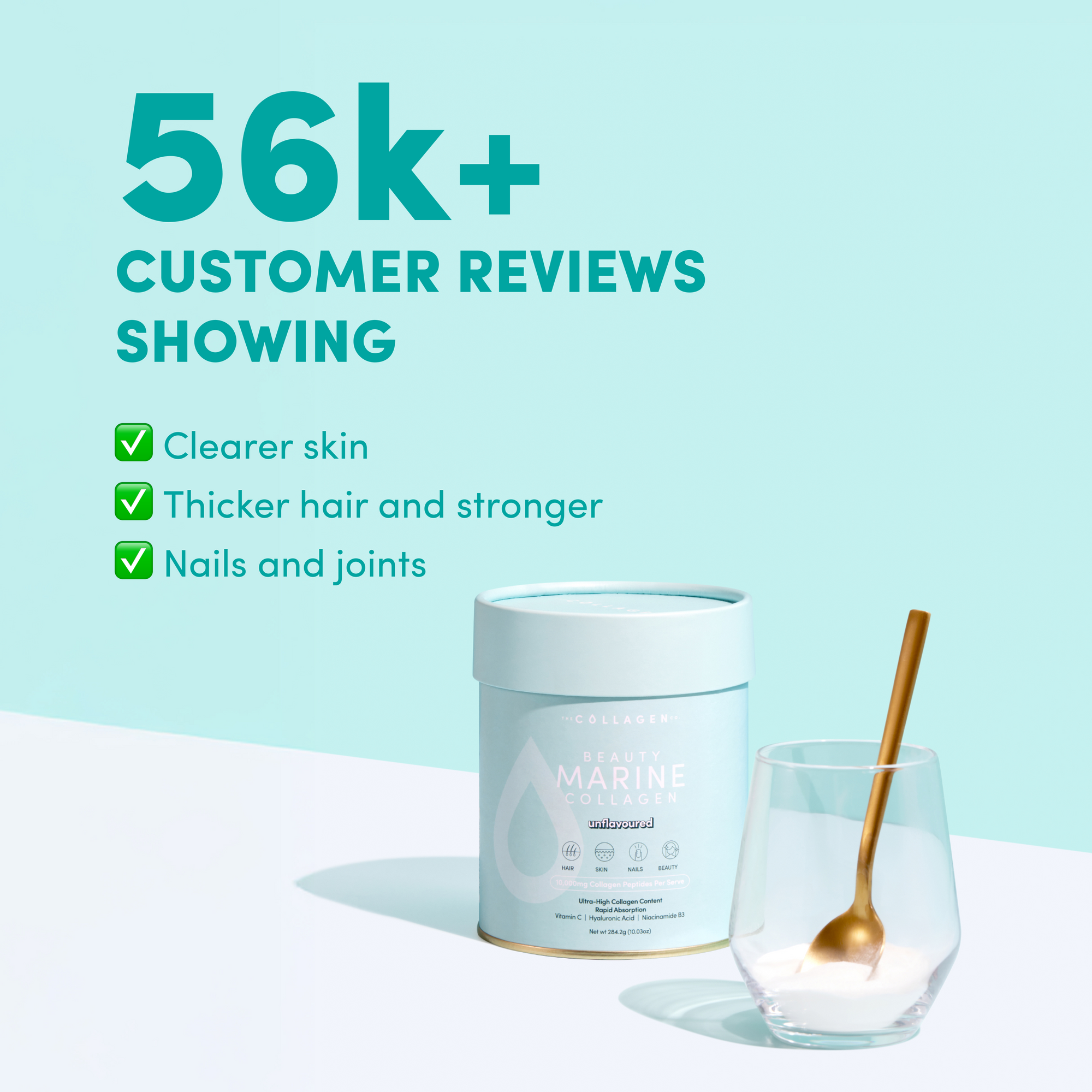 A container of The Collagen Co. Unflavored Beauty Marine Collagen Powder (284g) sits next to a glass with a golden spoon. Text: “56k+ reviews show clearer skin, thicker hair, and stronger nails & joints,” with green checkmarks.