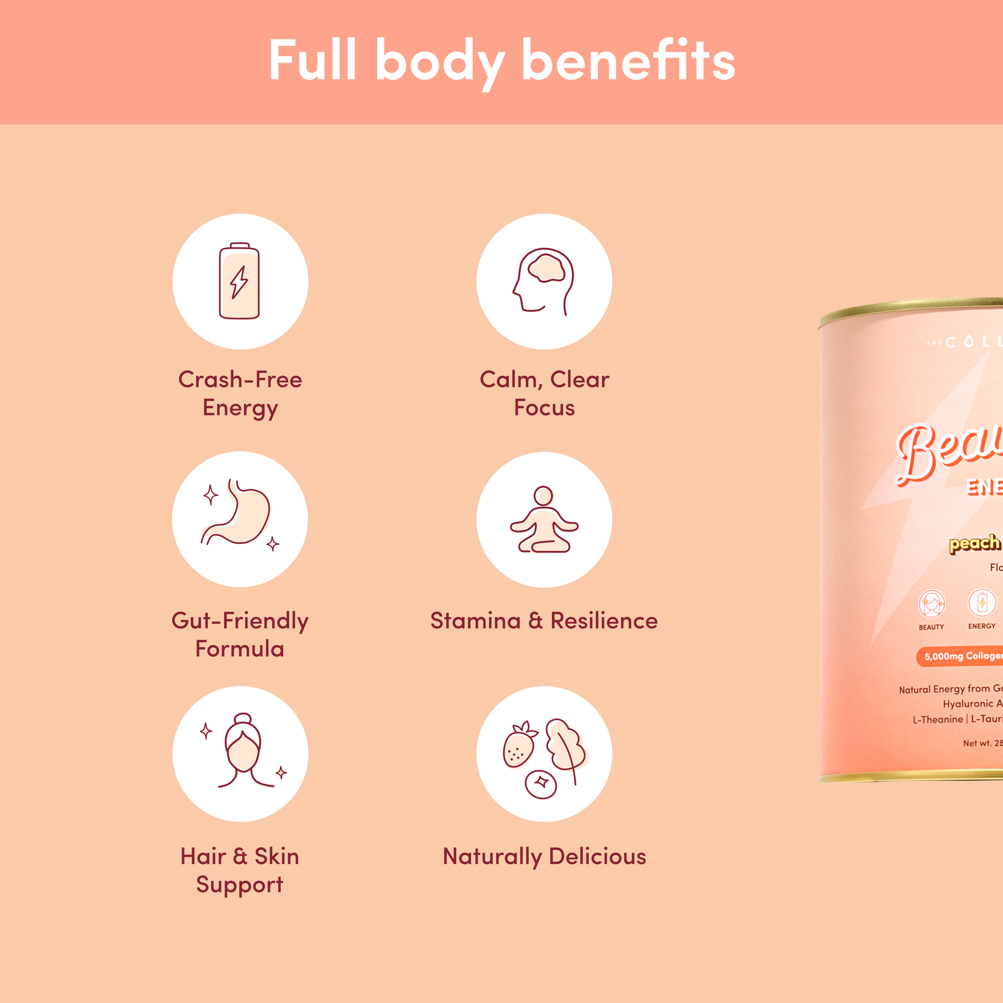 Product packaging with icons and text highlighting 'Full body benefits' on a peach background