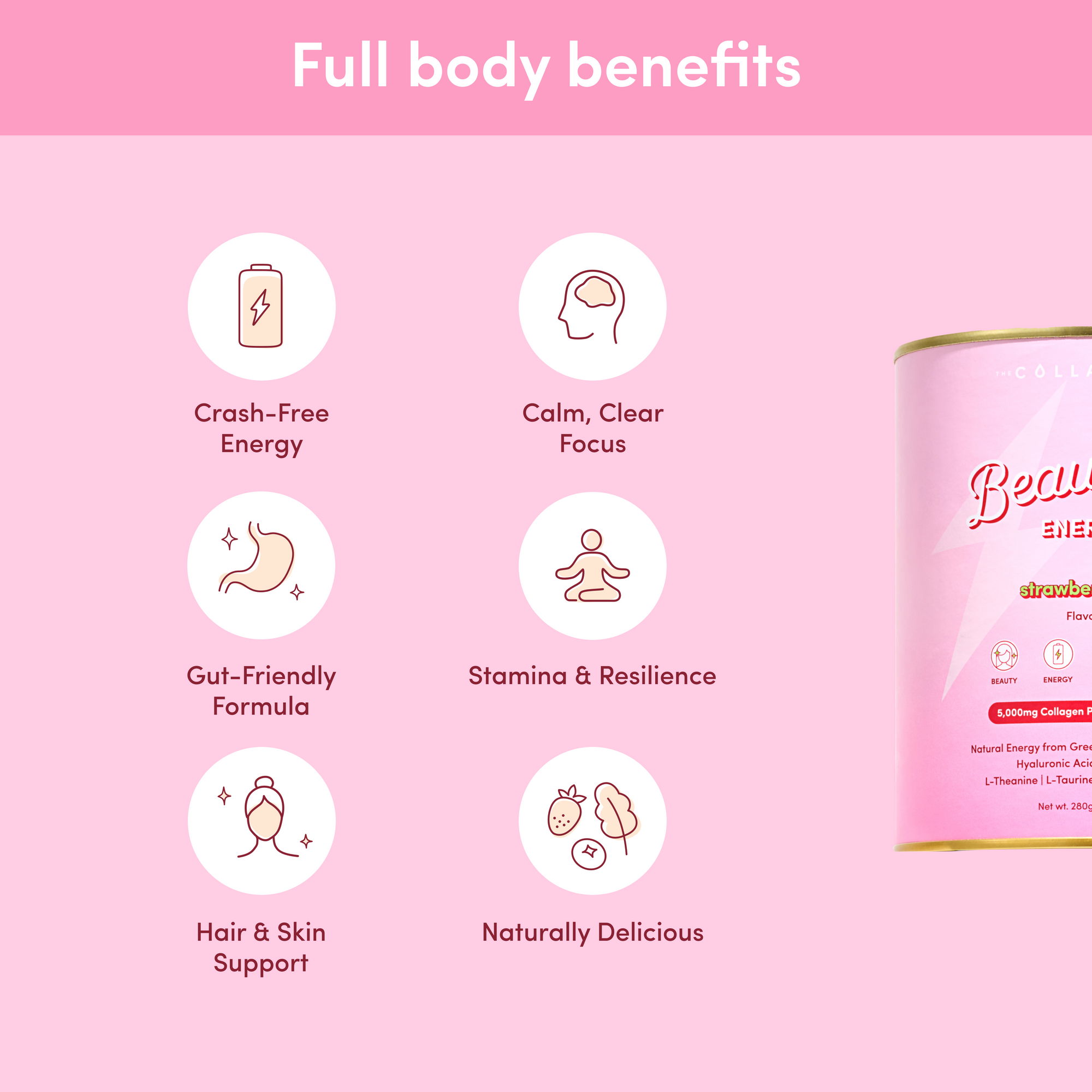 Product packaging with icons and text on a pink background
