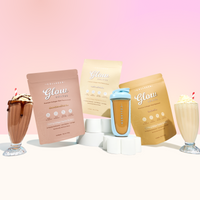 Collagen supplement pouches with a shaker bottle on white pedestals, surrounded by chocolate and vanilla shakes against a pink gradient background.