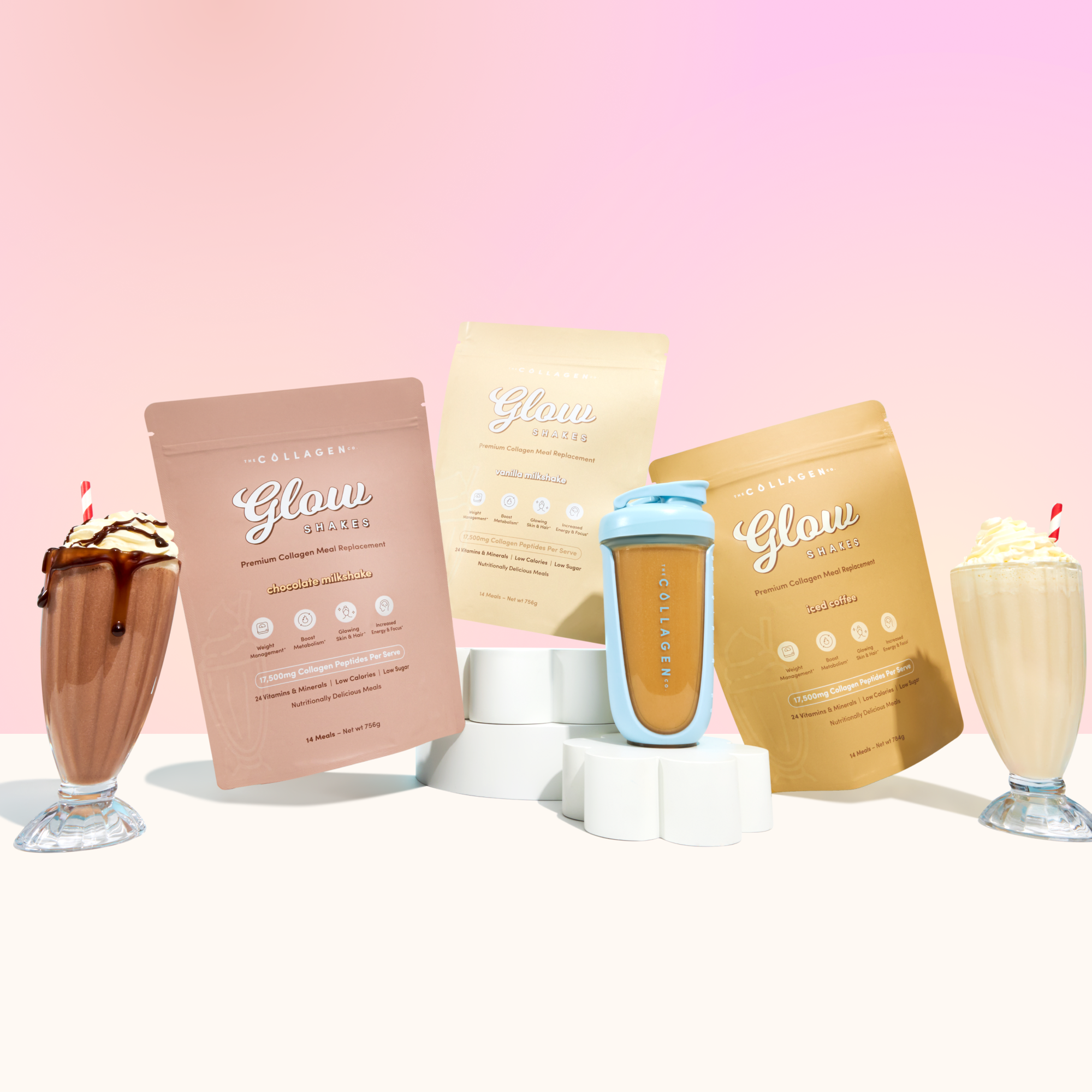 Collagen supplement pouches with a shaker bottle on white pedestals, surrounded by chocolate and vanilla shakes against a pink gradient background.