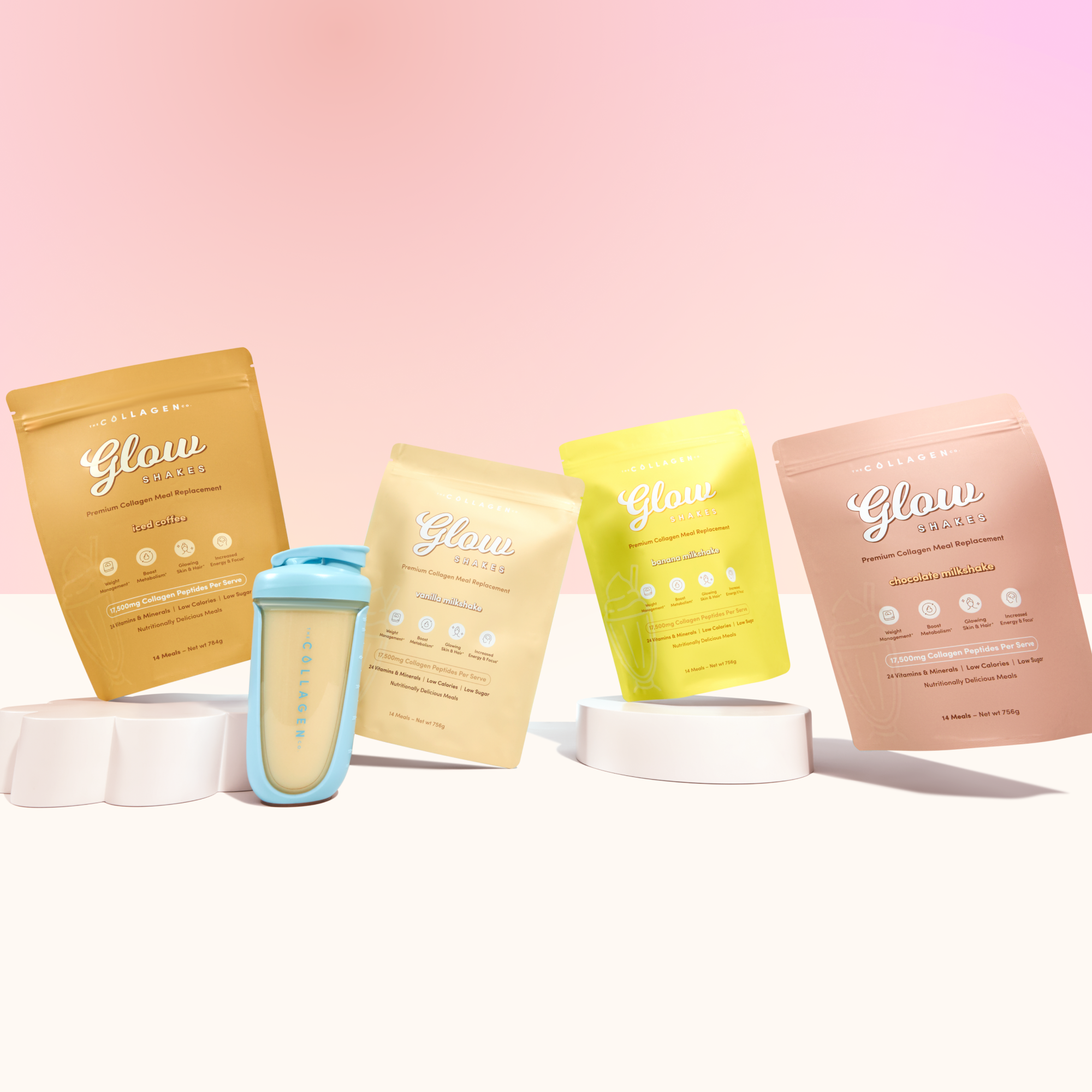 Collagen supplement packs in various colors with a shaker bottle against a pink gradient backdrop, emphasizing beauty and wellness.