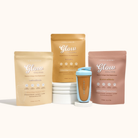 Collagen supplement packets labeled "Glow Gummies" with a branded shaker bottle, arranged on a white surface.