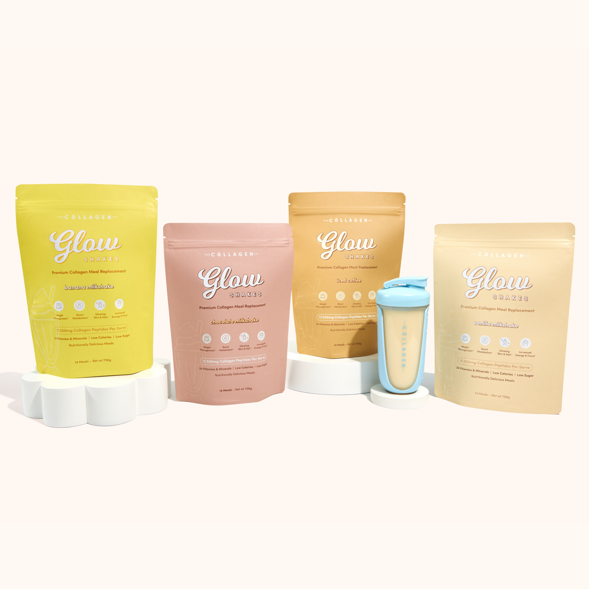 Four colorful collagen supplement pouches labeled "Glow" with a shaker bottle. Ideal for beauty and wellness routines.