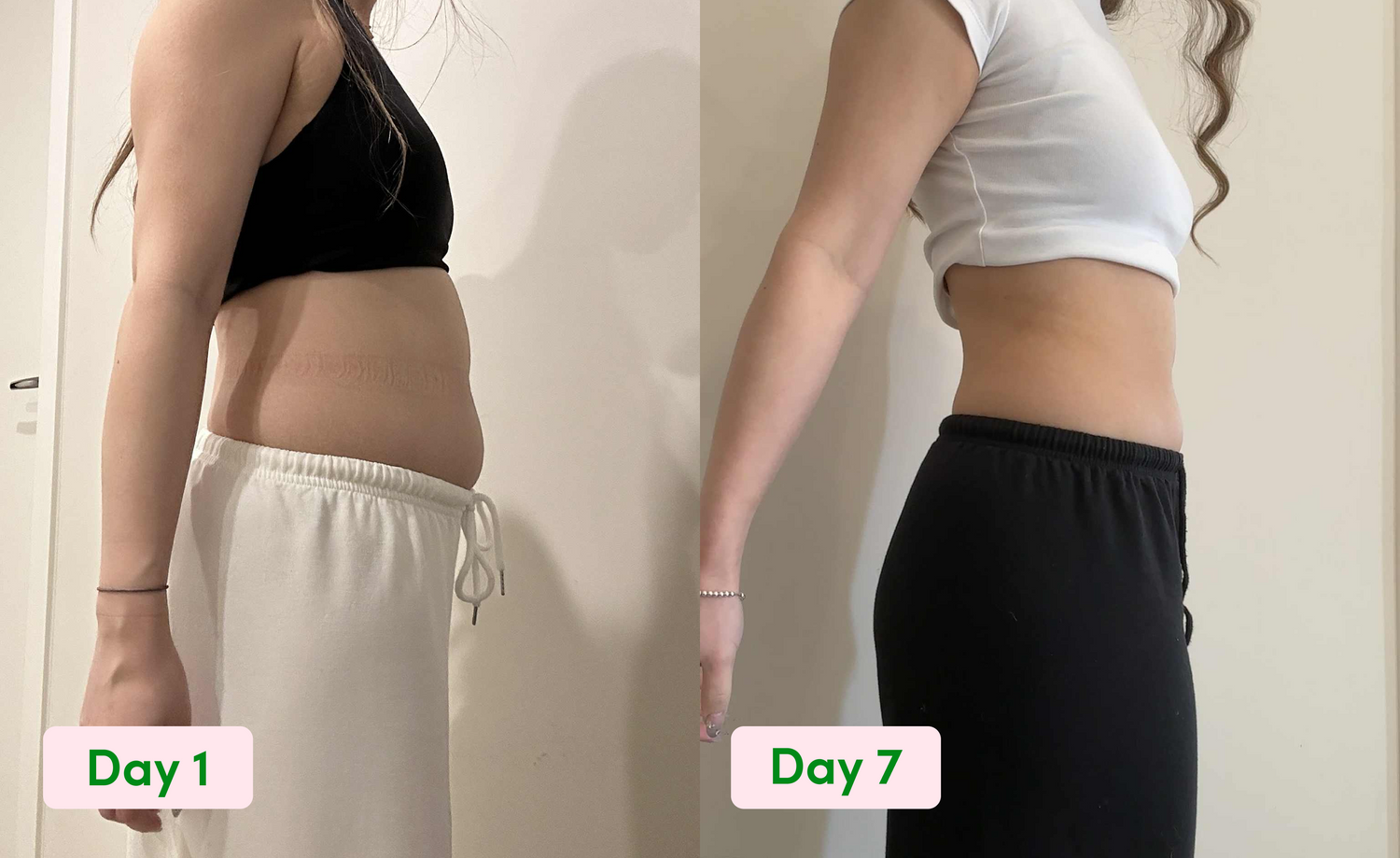 Side-by-side photos of a woman in athletic wear showing her midsection. The left image, labeled “Day 1,” shows a more pronounced stomach, while the right, labeled “Day 7,” shows a flatter stomach.