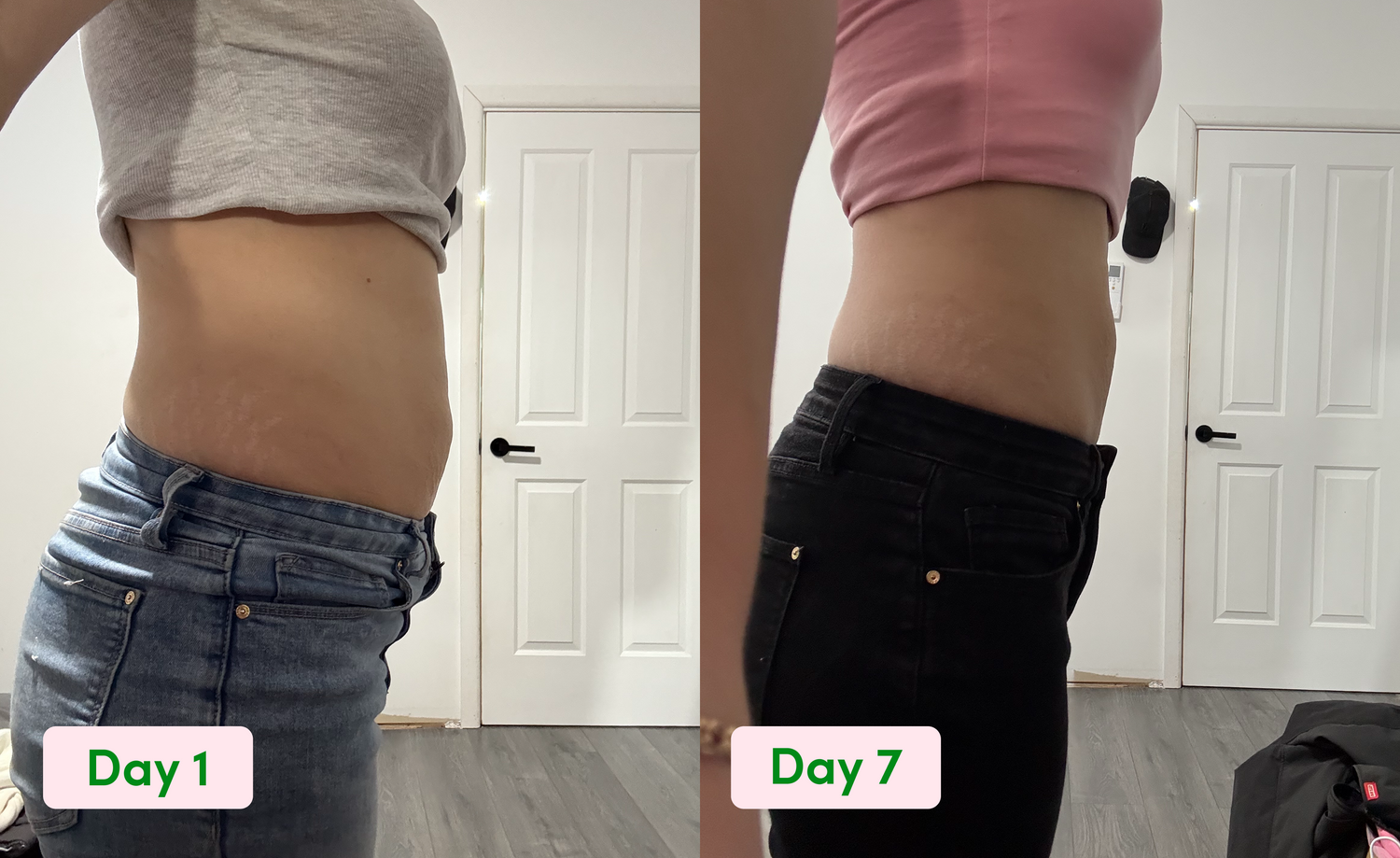 A side-by-side comparison shows a person’s midsection on Day 1 and Day 7. The left image shows a slightly bloated stomach, while the right image shows a flatter stomach. Both photos are taken in the same room.