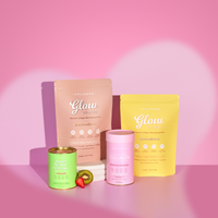 Collagen supplements on pink background with pastel packaging, including sachets and a canister, promoting beauty and wellness benefits.