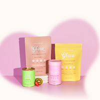 Collagen supplement packages in pink, yellow, and green against a pink heart backdrop, with a strawberry and three white tablets.