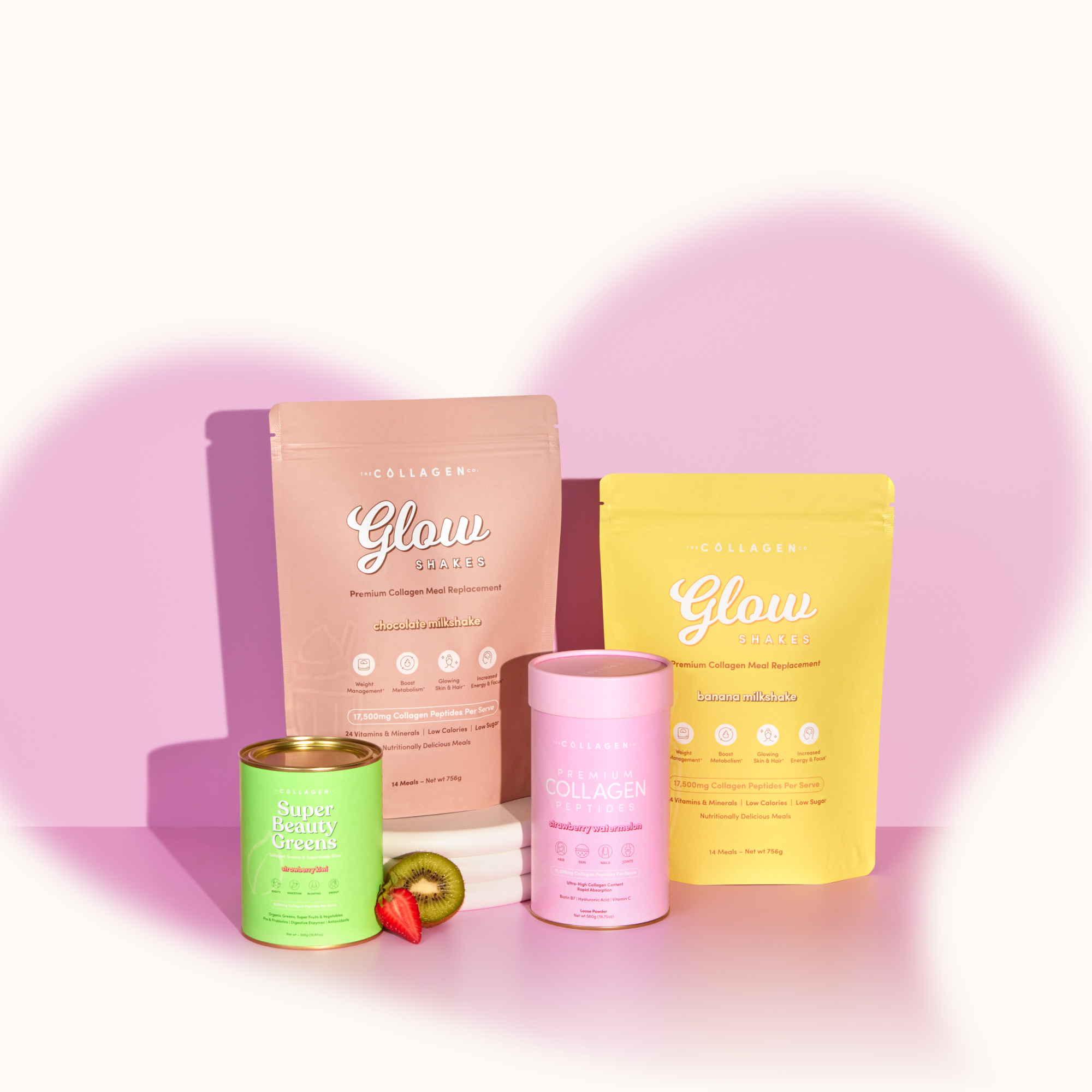 Collagen supplement packages in pink, yellow, and green against a pink heart backdrop, with a strawberry and three white tablets.