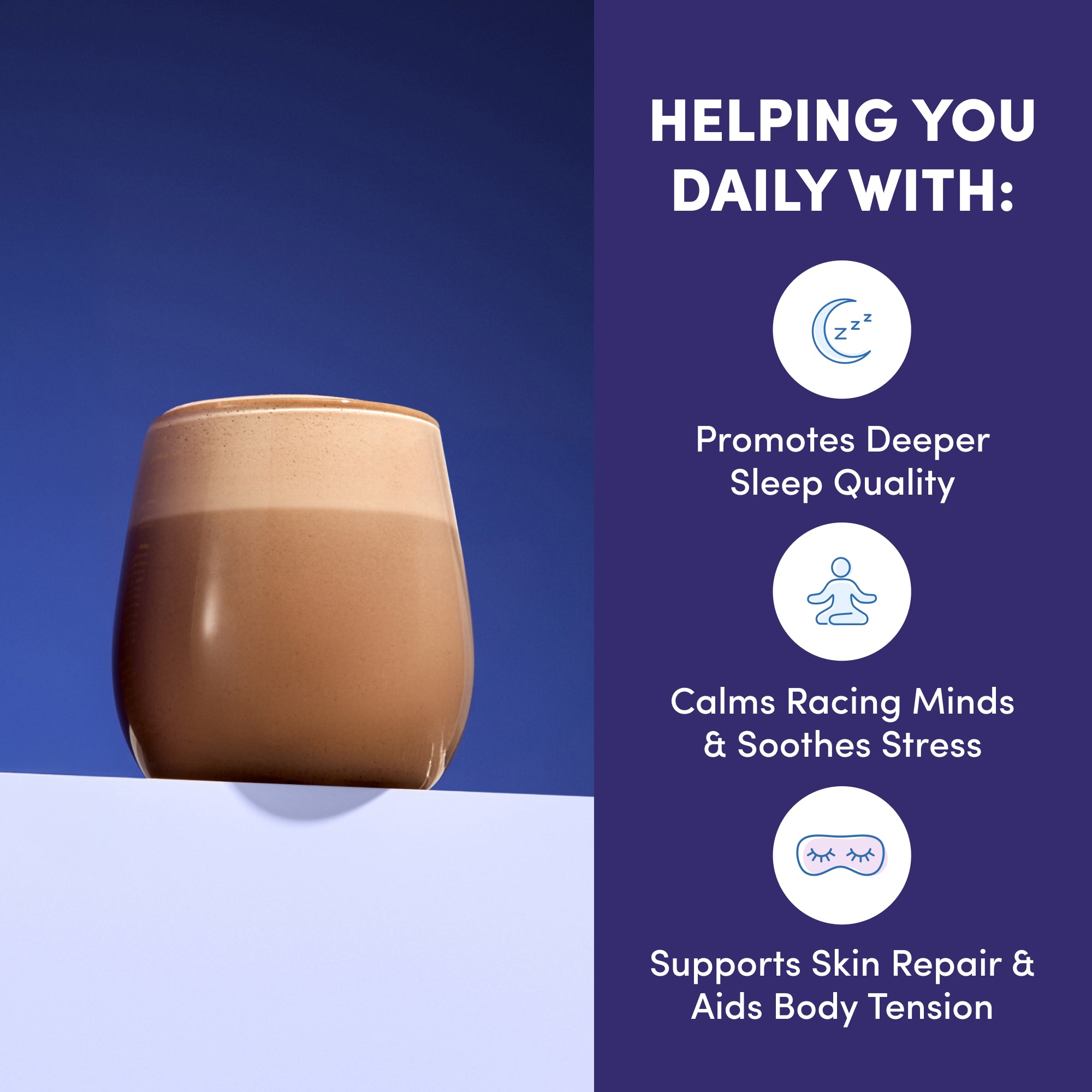 A glass of The Collagen Co. Collagen Dream Advanced Sleep Formula Hot Chocolate (210g) is on a white surface with a blue background. Beside it, a purple panel highlights benefits: improved sleep, stress relief, skin health, and body relaxation.