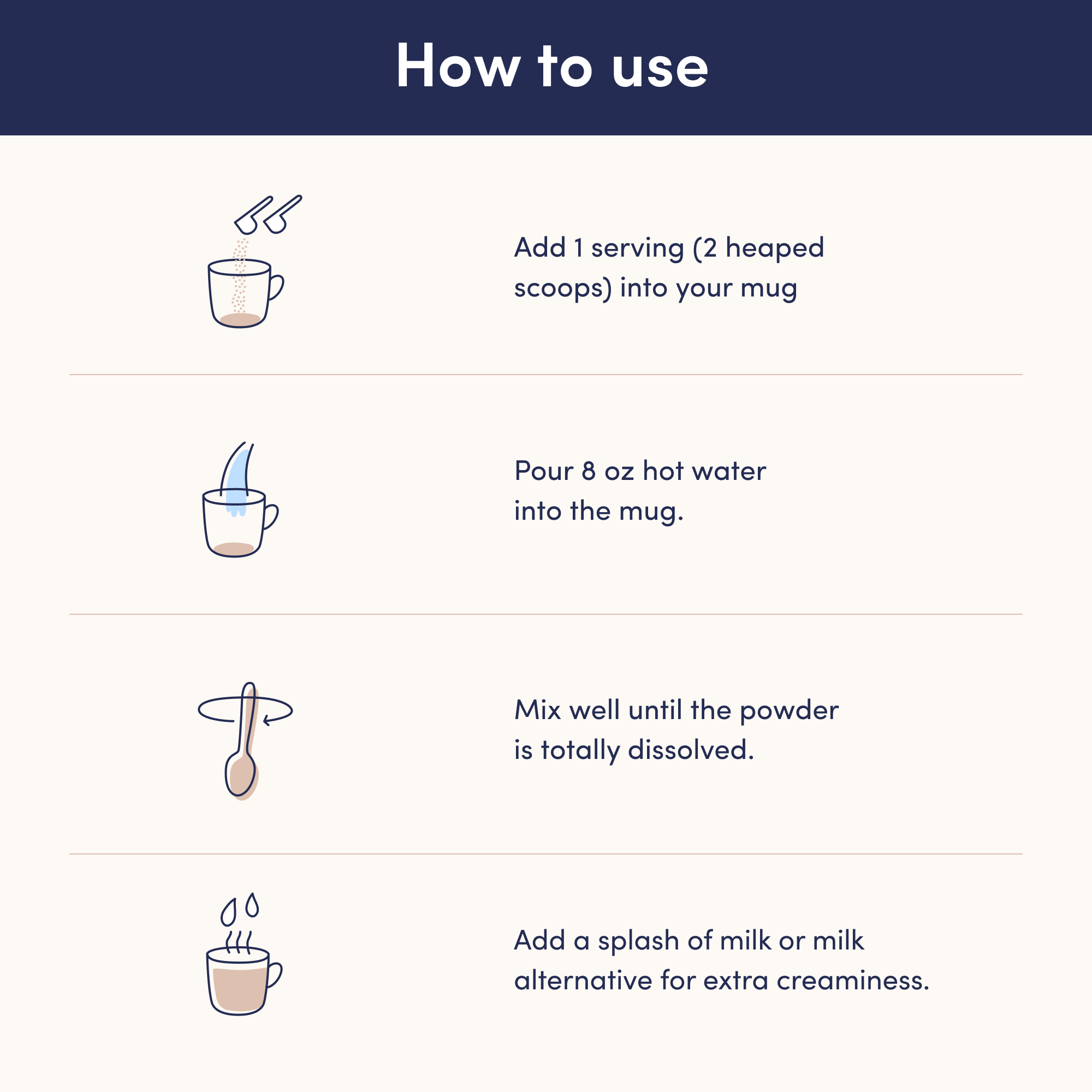 Instructions for collagen powder: Add 2 scoops to a mug, pour 8 oz hot water, mix until dissolved, and add milk for creaminess.