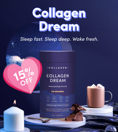 A container of Collagen Dream hot chocolate is displayed with a mug of hot chocolate, a candle, and chocolate pieces. A pink heart shows 15% OFF. The background is a dreamy night sky with clouds and the moon.