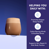 Brown cup on a white platform with a blue background and text about product benefits.