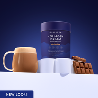 Collagen Dream Hot Chocolate tub with a glass mug of hot chocolate and chocolate squares on a clean, minimal blue background.