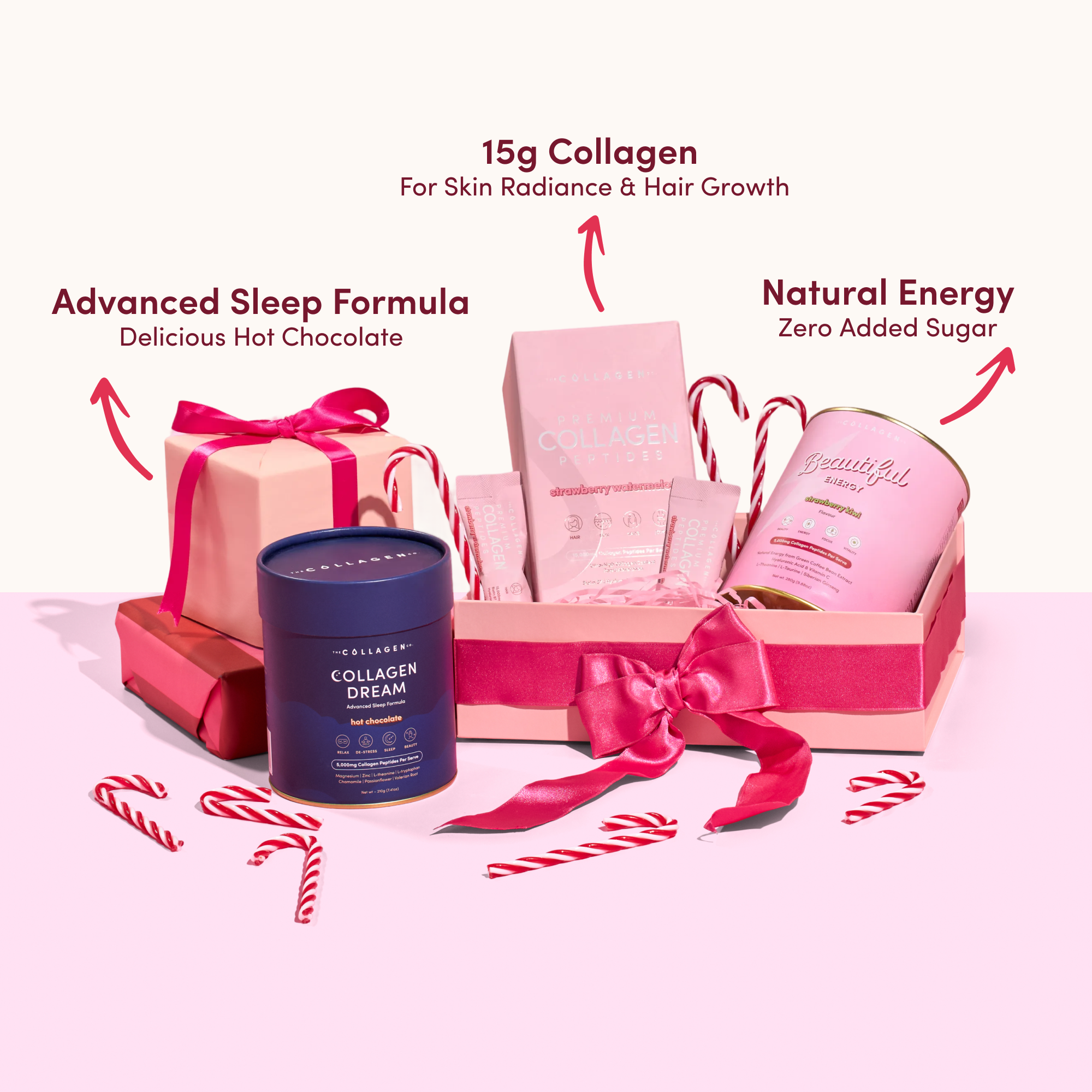 The Collagen Co. Daily Glow Starter Set comes in a gift box with a pink ribbon, featuring collagen-packed products for daily glow. Candy canes decorate the scene, and text highlights glowing skin benefits.