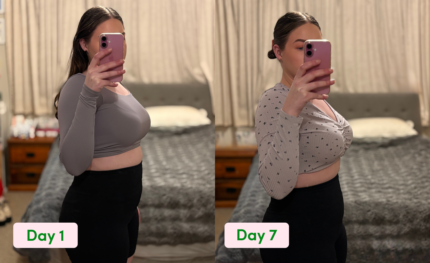 A woman stands in profile taking a mirror selfie in a bedroom. The left photo is labeled Day 1 and the right is labeled Day 7. She wears different tops and similar black bottoms in both images.
