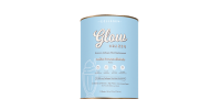 A light blue can of Glam Coffee, featuring white and gold text with a minimalist design on a plain white background. The can displays the brand name, product details, and icons indicating features.