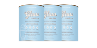 Three cans of Glow Habit Daily Prebiotic Drink are shown with light blue labels featuring white and silver text. The cans are arranged side by side against a plain white background.