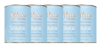 Five light blue cans of Glow Protein are lined up side by side, each labeled with white text and icons highlighting key product features. The background is white.