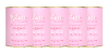 Five pink cans are lined up side by side against a white background. The cans have gold tops and bottoms, and white text on the front labels, though the text is not clearly readable.
