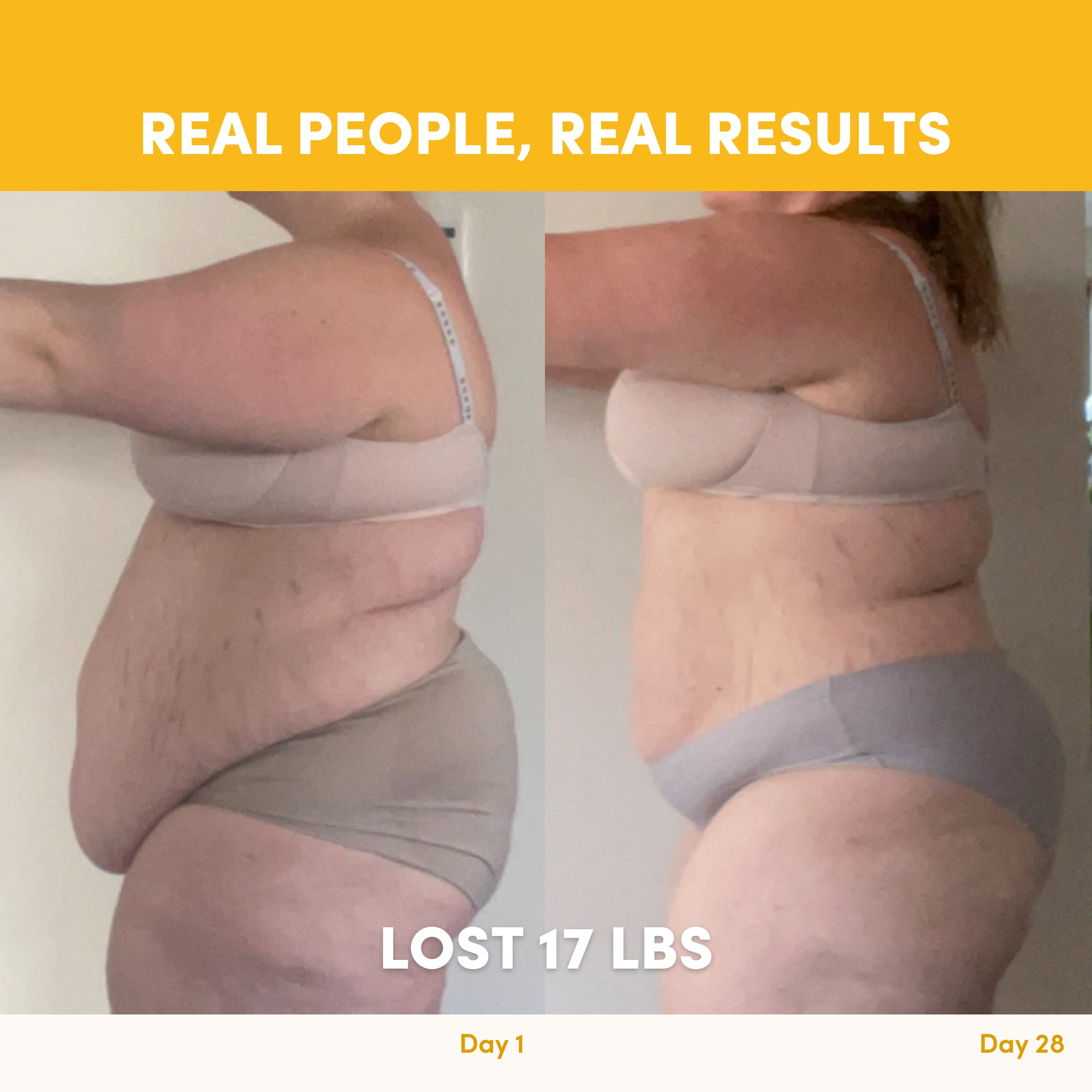 Side-by-side photos show a woman in underwear from the side. Day 1 shows her before weight loss; by Day 28, she’s slimmer. Text reads: Lost 17 lbs with help from The Collagen Co. Banana Milkshake Collagen Meal Replacement - 756g.