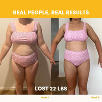 Side-by-side photos of a woman in a pink patterned bikini, showing her 22 lb weight loss from Week 1 to Week 8 using The Collagen Co. Banana Milkshake Collagen Meal Replacement; “Real People, Real Results” above.