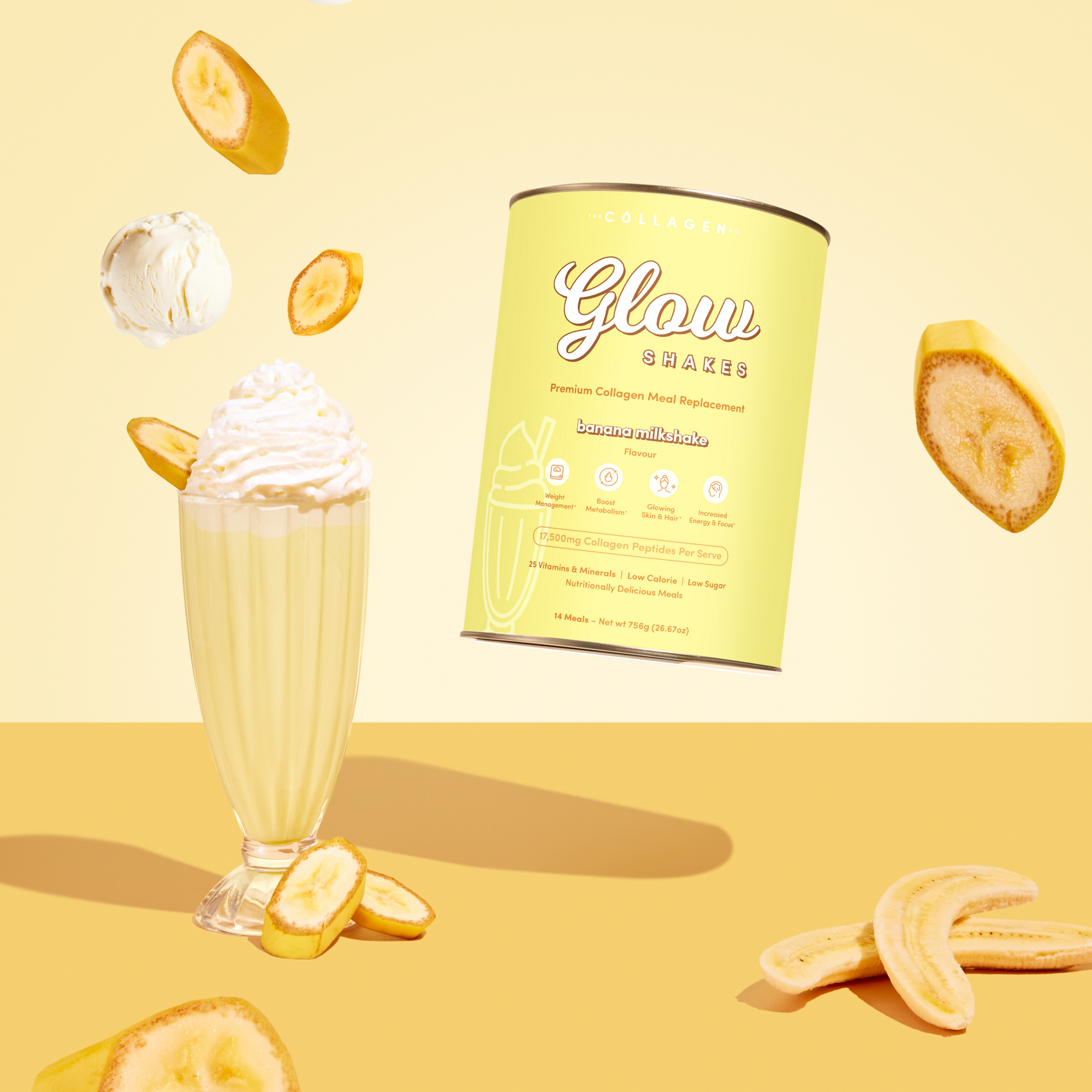 A banana milkshake topped with whipped cream, banana slices, ice cream, and a canister of The Collagen Co. Banana Milkshake Collagen Meal Replacement (756g) on a yellow background.