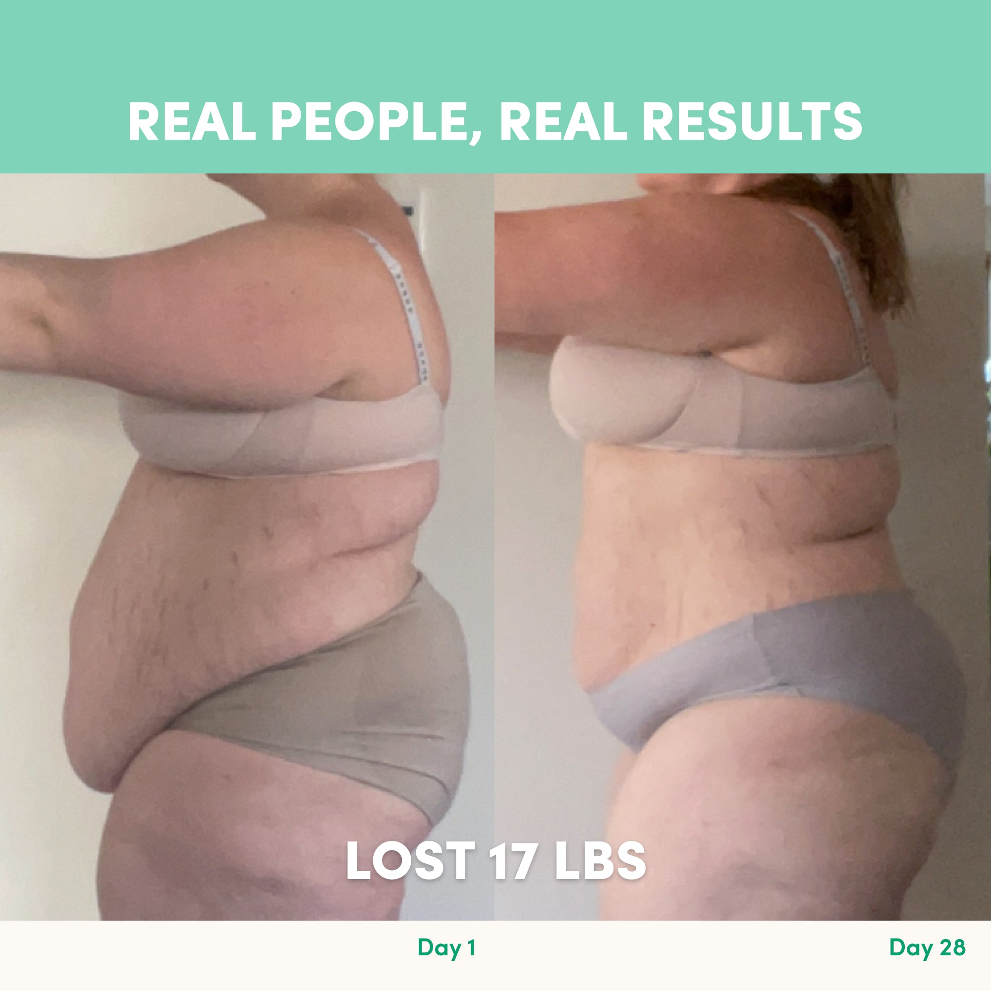 Side-by-side photos show a woman in underwear before and after losing 17 lbs in 28 days, visibly reducing her abdominal area with The Collagen Co. Choc-Mint Collagen Meal Replacement. REAL PEOPLE, REAL RESULTS. LOST 17 LBS.