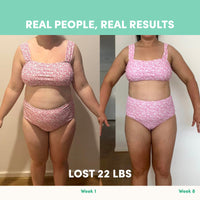 A woman in a pink floral bikini appears in side-by-side photos: at week 1 and week 8 after using The Collagen Co. Choc-Mint Collagen Meal Replacement. She looks visibly slimmer, with text reading Real People, Real Results and Lost 22 lbs.