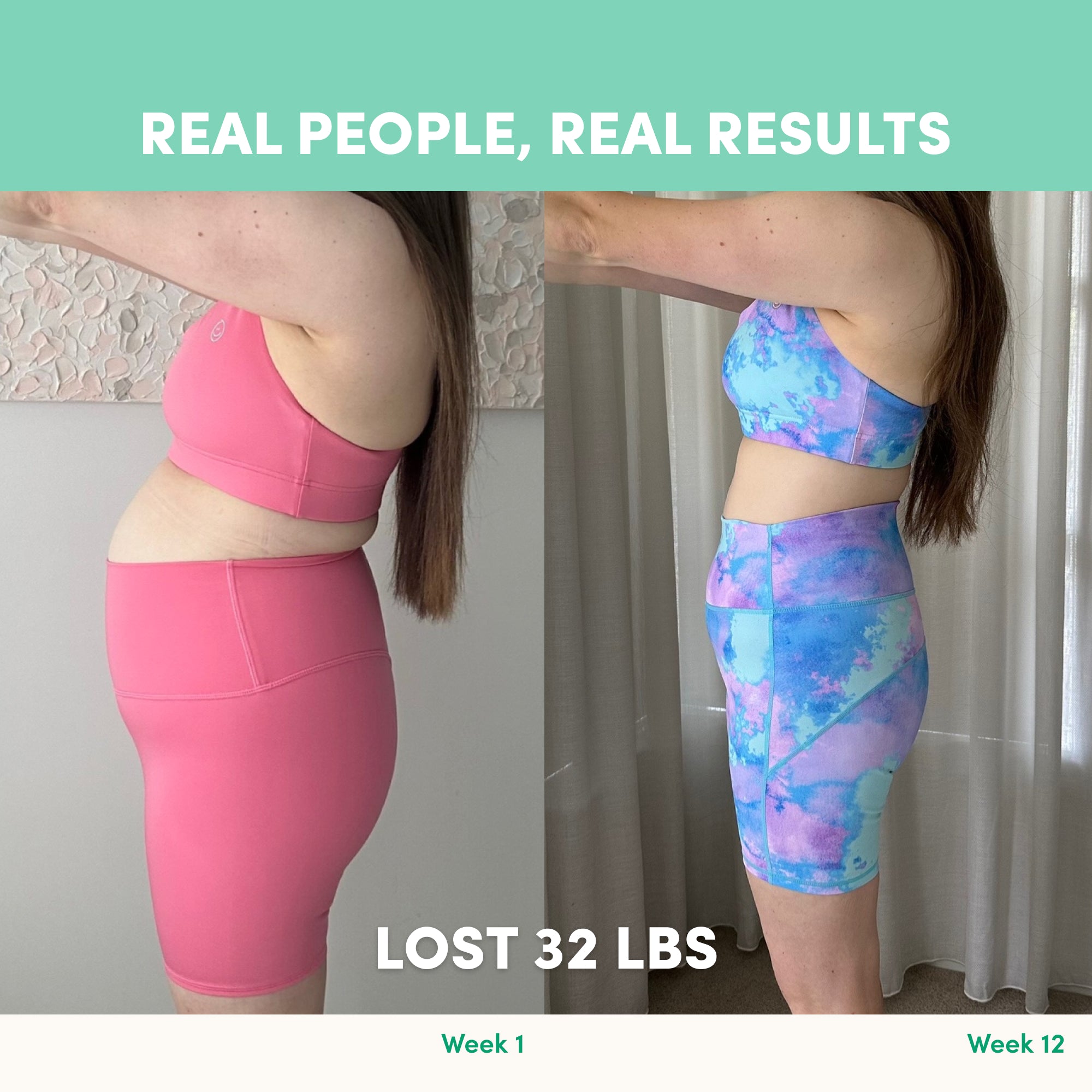 Side-by-side photos show a woman’s weight loss using The Collagen Co. Choc-Mint Collagen Meal Replacement (784g): Week 1 vs. Week 12. Text: Real People, Real Results. Lost 32 lbs.