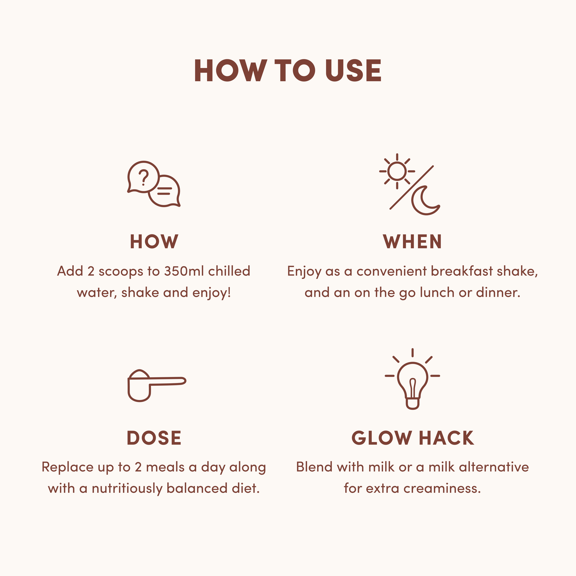 A graphic titled How to Use shows you how to add 2 scoops of The Collagen Co. Chocolate Milkshake Collagen Meal Replacement (756g) to 350ml cold water, shake, enjoy up to 2 times daily as a meal or with milk for a creamier texture—icons guide each step.