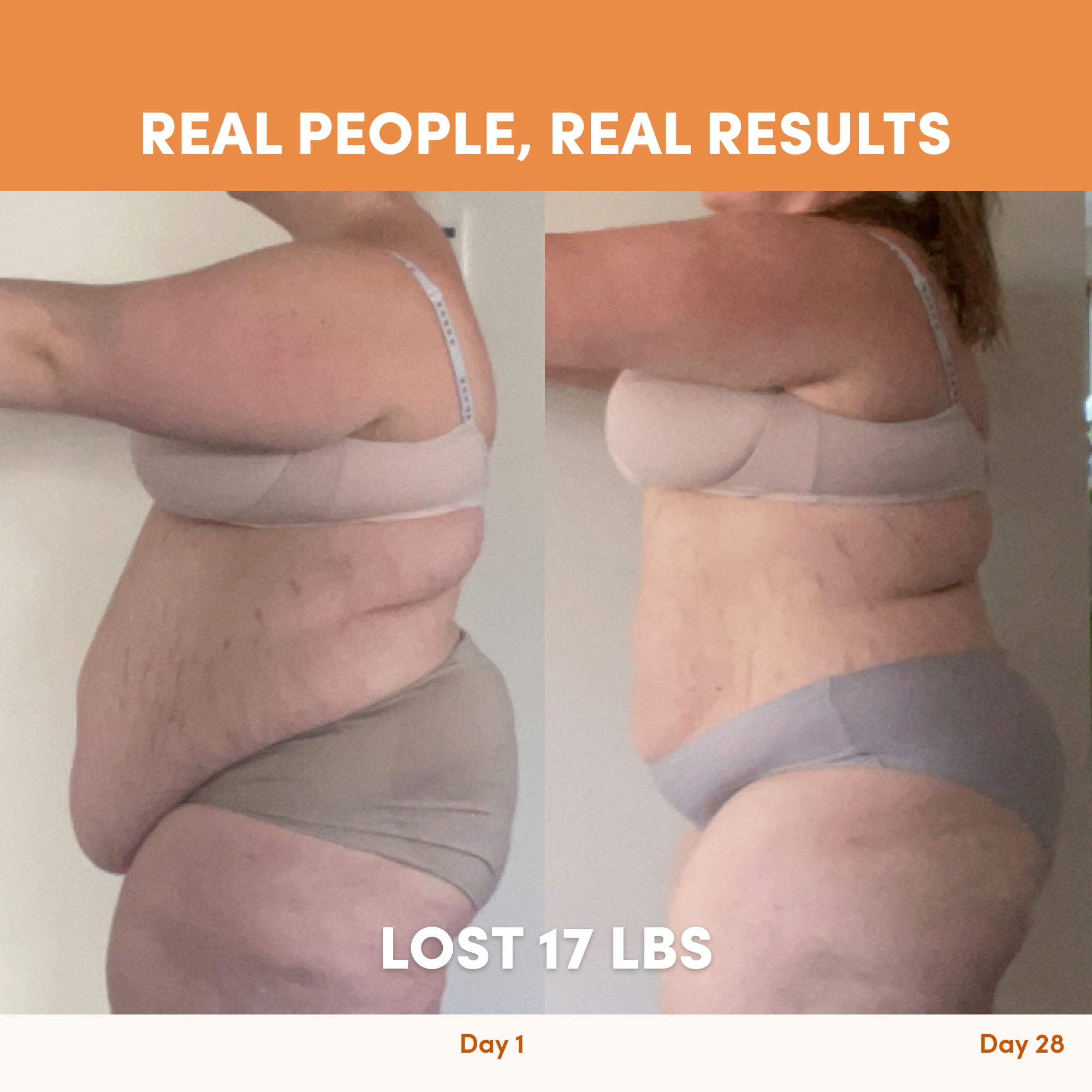 Side-by-side photos show a woman’s 28-day transformation: she lost 17 lbs after adding The Collagen Co.’s Cinnamon Churro Collagen Meal Replacement (756g) shake to her daily routine.