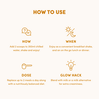 How to use The Collagen Co. Iced Coffee Collagen Meal Replacement 784g: Add 2 scoops to 350ml cold water, shake well. Enjoy as a meal replacement or breakfast shake, up to 2 times daily. Blend with milk for a creamy taste.